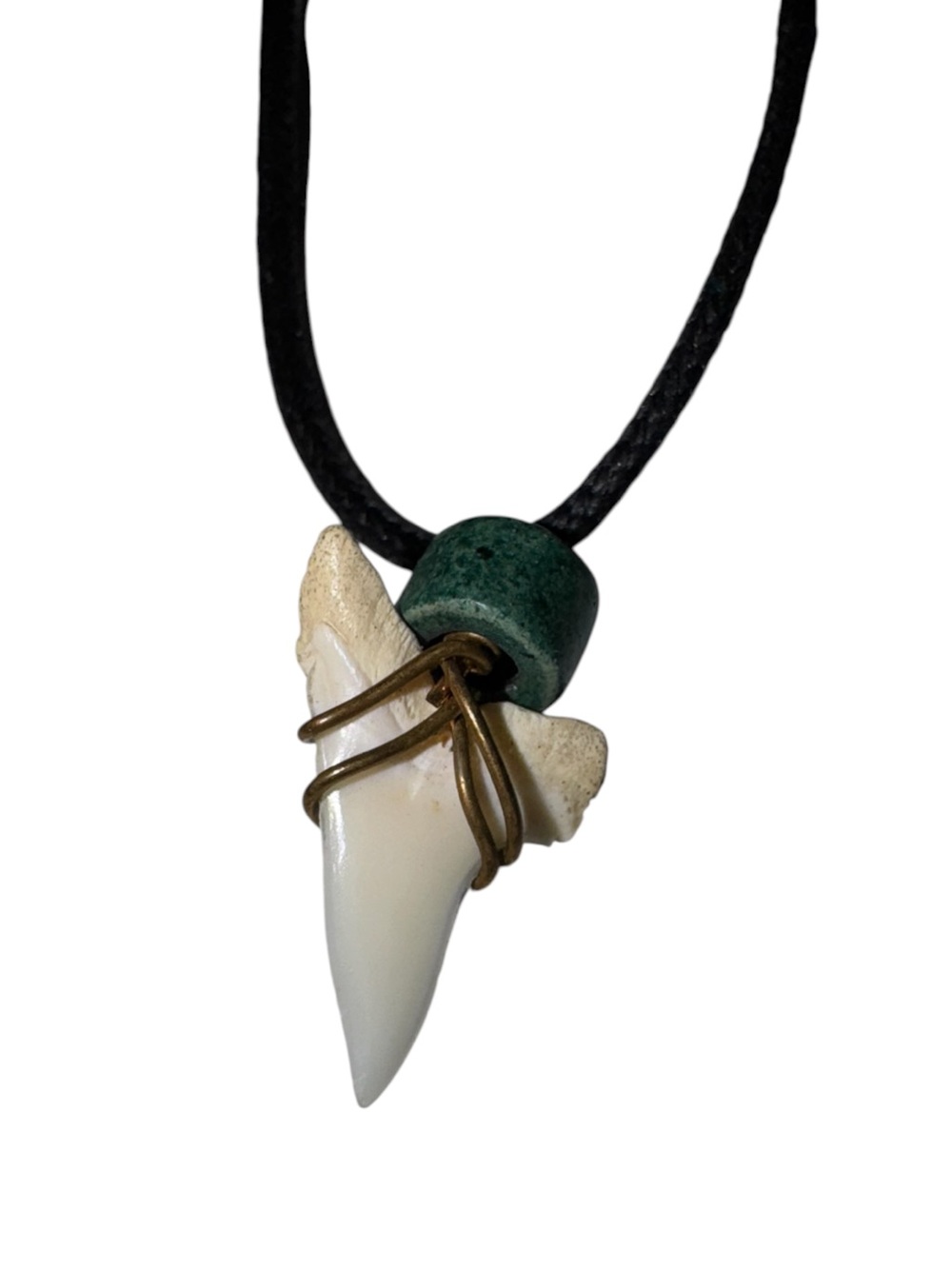 Shark Tooth Pendant Necklace with Green Bead